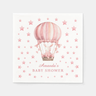 Whimsical Bunny Balloon Pink Stars Baby Shower Napkins