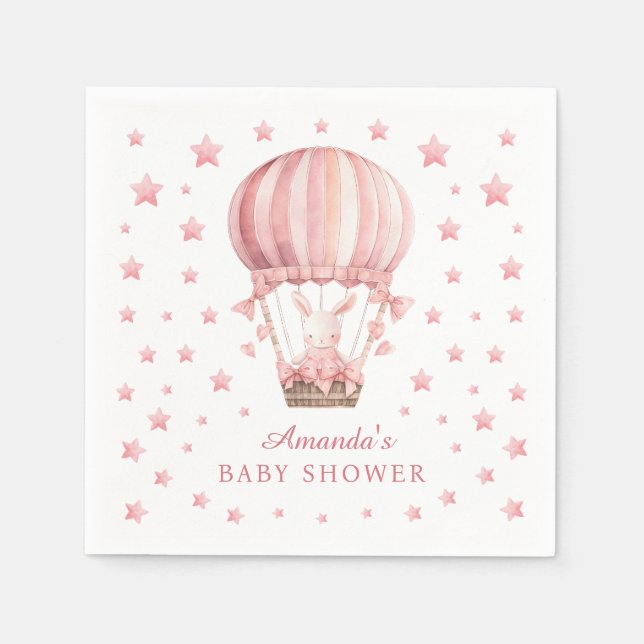 Whimsical Bunny Balloon Pink Stars Baby Shower Napkins (Front)