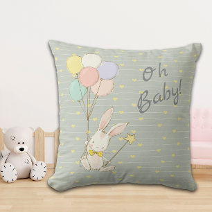 Whimsical Bunny Balloons and Flowers Baby Throw Pillow
