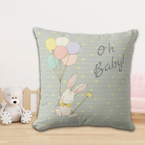 Whimsical Bunny Balloons and Flowers Baby Throw Pillow