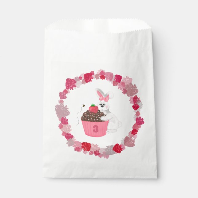Whimsical Bunny, Bee & Strawberry Cupcake Birthday Favor Bag (Front)