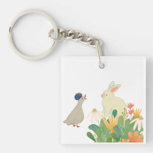 Whimsical Bunny & Bird in Bloom – Cute Spring Fore Keychain