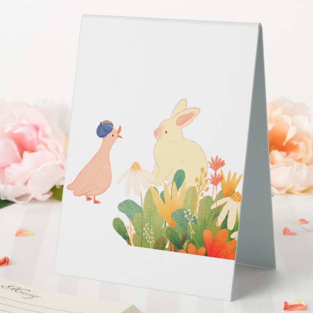 Whimsical Bunny & Bird in Bloom – Cute Spring Fore Table Tent (In SItu (Wedding))