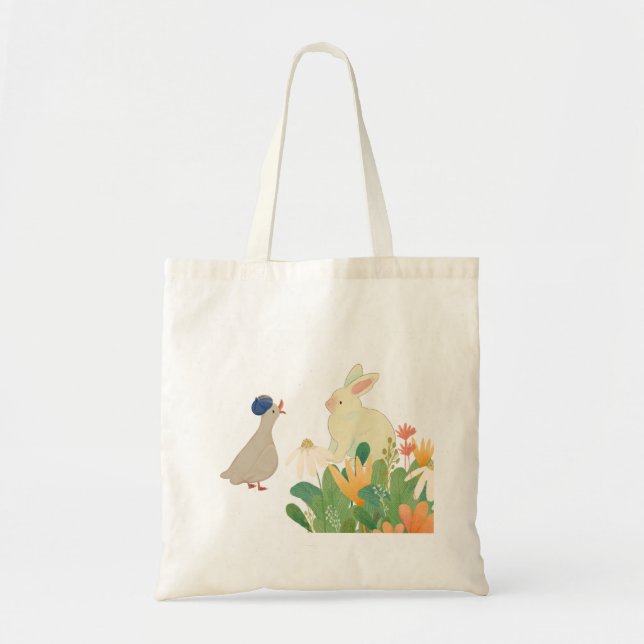 Whimsical Bunny & Bird in Bloom – Cute Spring Fore Tote Bag (Front)