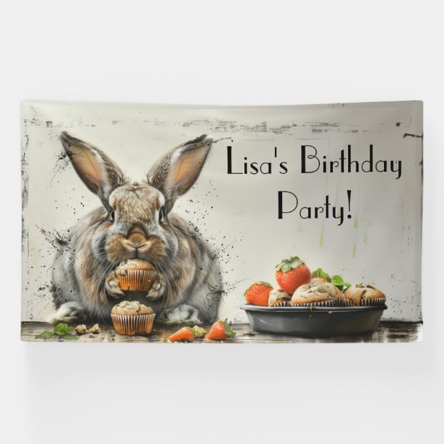 Whimsical Bunny Birthday Cupcake Personalized Banner (Horizontal)