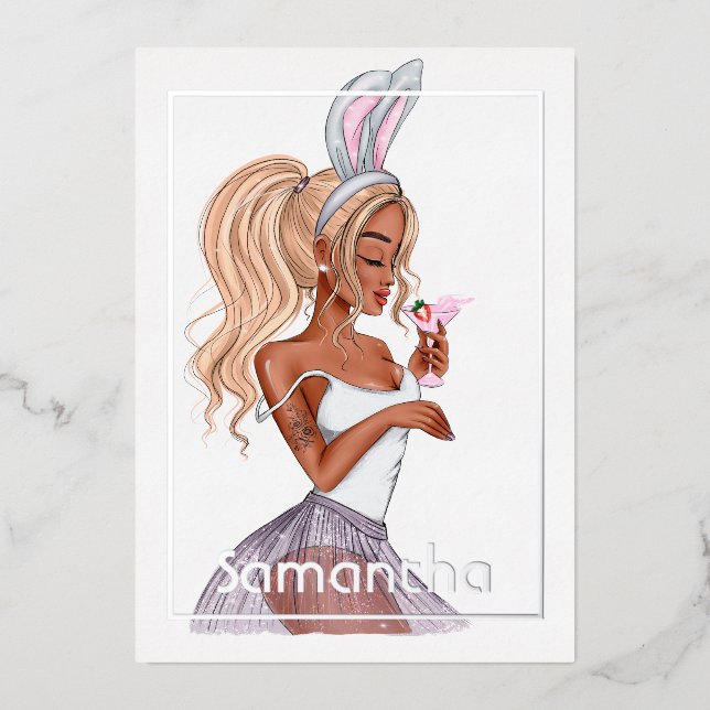 Whimsical Bunny Easter Birthday Cocktail Girl Foil Foil Invitation (Front)