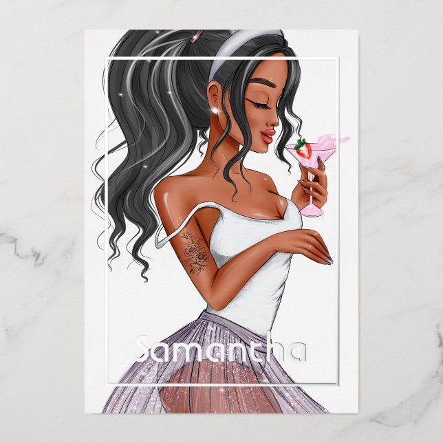 Whimsical Bunny Easter Birthday Cocktail Girl Foil Invitation (Front)