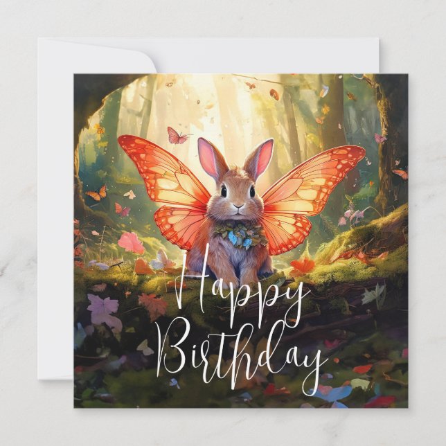 Whimsical bunny enchanted forest Happy Birthday Card (Front)
