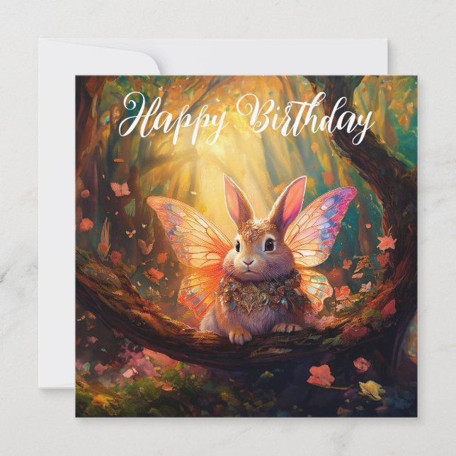 Whimsical bunny enchanted forest Happy Birthday Card (Front)