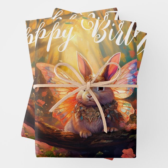 Whimsical bunny enchanted forest Happy Birthday Wrapping Paper Sheets (In situ)