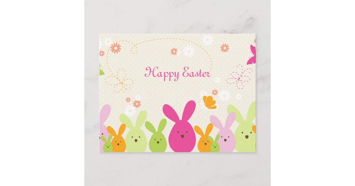 Whimsical bunny & flowers happy easter postcard | Zazzle