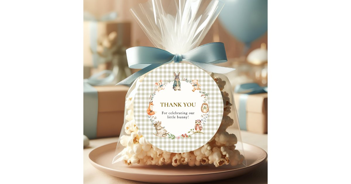Whimsical Bunny Gingham Thank You Baby Shower Classic Round Sticker ...