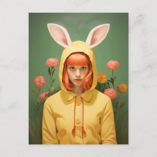 Whimsical Bunny-Hooded Girl Postcard