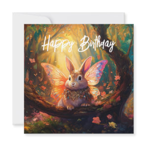 Whimsical bunny in enchanted forest Happy Birthday Card
