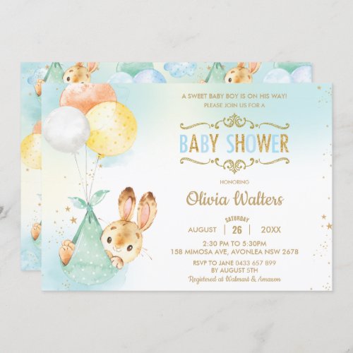 Whimsical Bunny Rabbit Balloons Baby Shower Boy Invitation