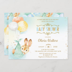 Whimsical Bunny Rabbit Balloons Baby Shower Boy Invitation