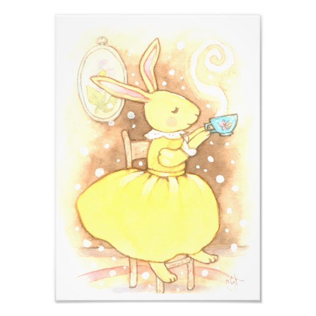 Whimsical Bunny Rabbit Cup of Tea Illustration Photo Print (Front)