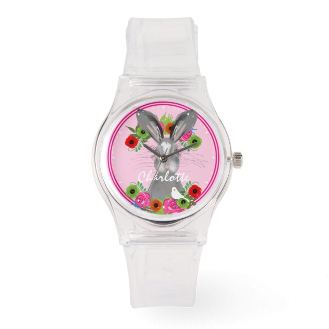 Whimsical Bunny Rabbit Cute Personalized Watch (Front)