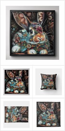 Whimsical Bunny Rabbit Floral Abstract Black Teal