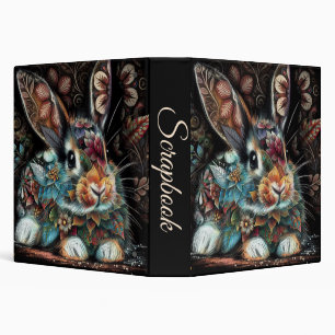 Whimsical Bunny Rabbit Floral Abstract Black Teal 3 Ring Binder