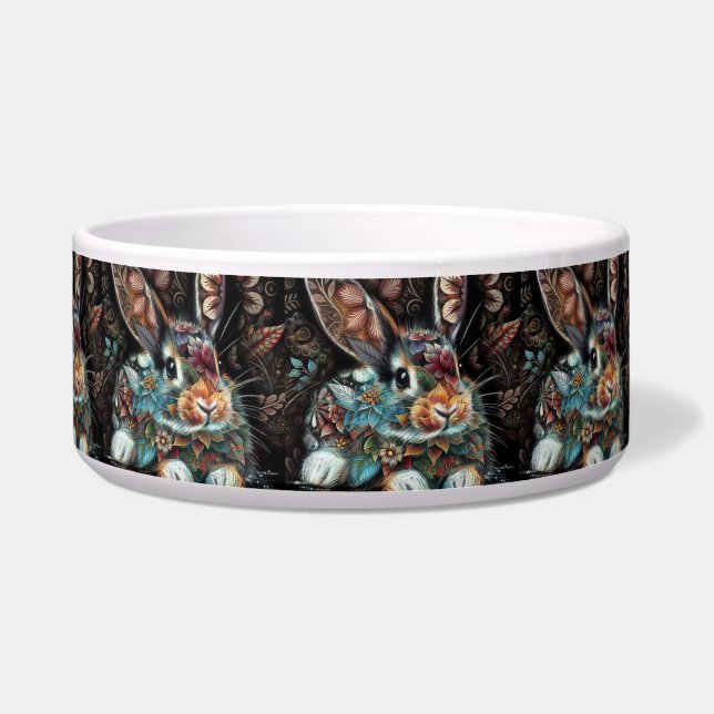 Whimsical Bunny Rabbit Floral Abstract Black Teal  Bowl (Front)