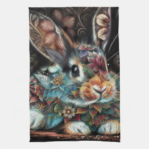 Whimsical Bunny Rabbit Floral Abstract Black Teal Kitchen Towel