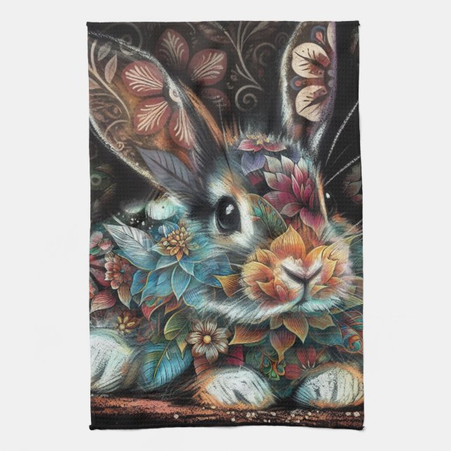 Whimsical Bunny Rabbit Floral Abstract Black Teal  Kitchen Towel (Vertical)