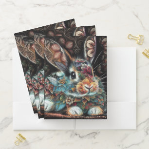 Whimsical Bunny Rabbit Floral Abstract Black Teal Pocket Folder