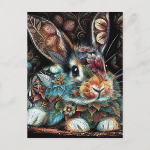 Whimsical Bunny Rabbit Floral Abstract Black Teal  Postcard