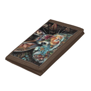 Whimsical Bunny Rabbit Floral Abstract Teal Brown Trifold Wallet
