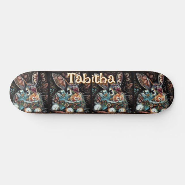 Whimsical Bunny Rabbit Floral Personalized Skateboard (Horz)