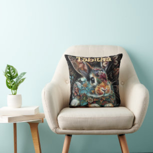 Whimsical Bunny Rabbit Floral Personalized Throw Pillow