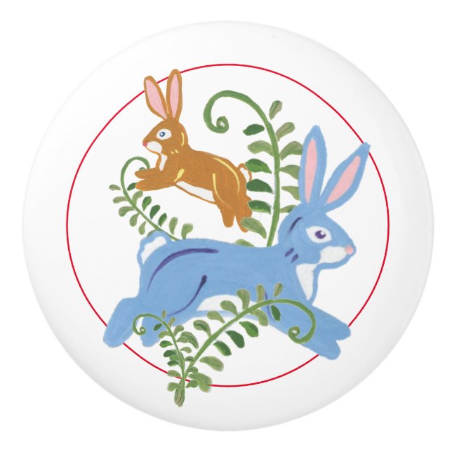 Whimsical Bunny Rabbit Folk Rustic Nursery Child Ceramic Knob (Front)