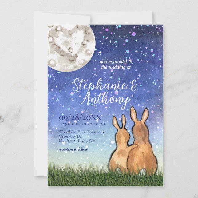 Whimsical Bunny Rabbit Moon Stars Unique Wedding Invitation (Front)