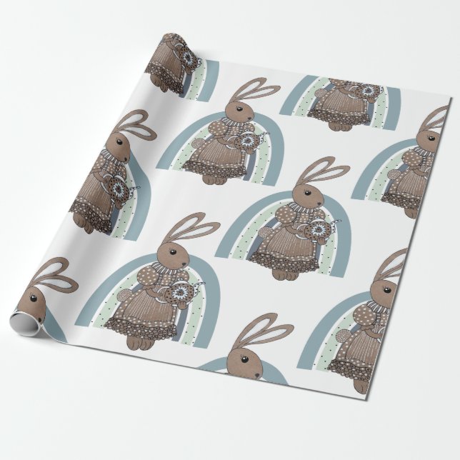 Whimsical Bunny Rabbit Teapot Rainbow Wrapping Paper (Unrolled)