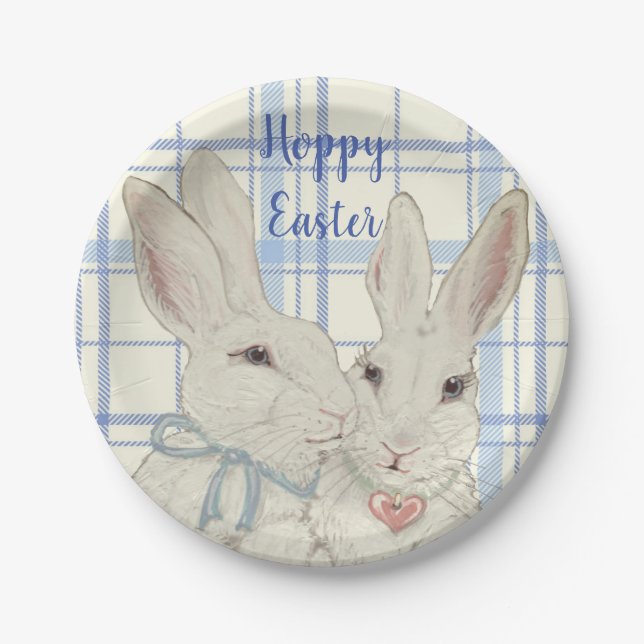 Whimsical Bunny Rabbits Blue Plaid Easter Paper Plates (Front)