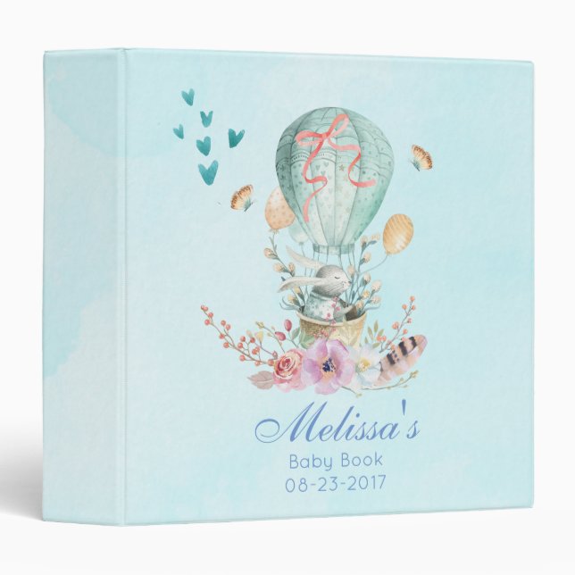 Whimsical Bunny Riding in a Balloon Baby Book 3 Ring Binder (Front/Spine)