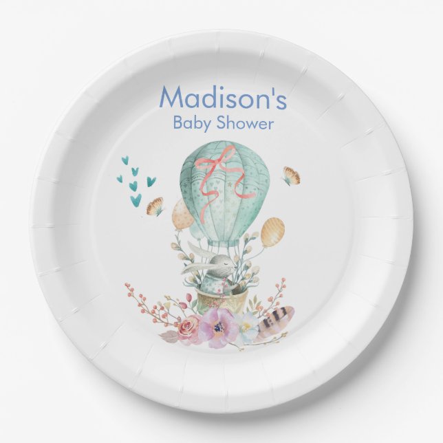 Whimsical Bunny Riding in a Balloon Baby Shower Paper Plates (Front)