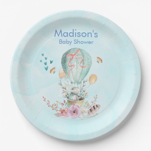 Whimsical Bunny Riding in a Balloon Baby Shower Paper Plates