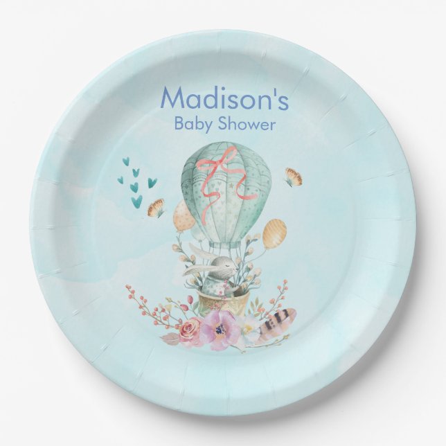 Whimsical Bunny Riding in a Balloon Baby Shower Paper Plates (Front)