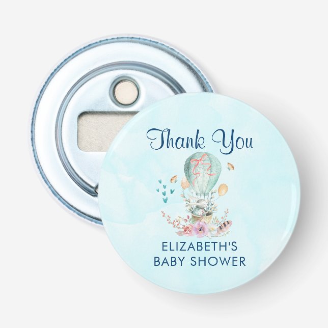 Whimsical Bunny Riding in a Balloon Shower Thanks Bottle Opener (Front)