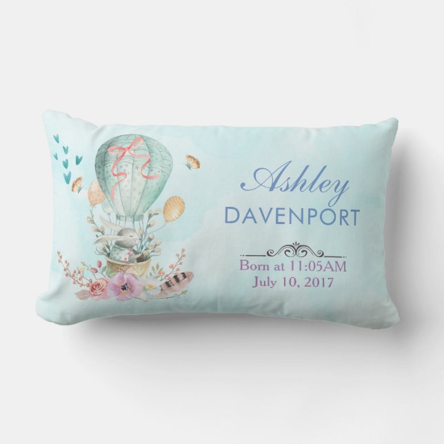 Whimsical Bunny Riding in a Hot Air Balloon Baby Lumbar Pillow (Front)