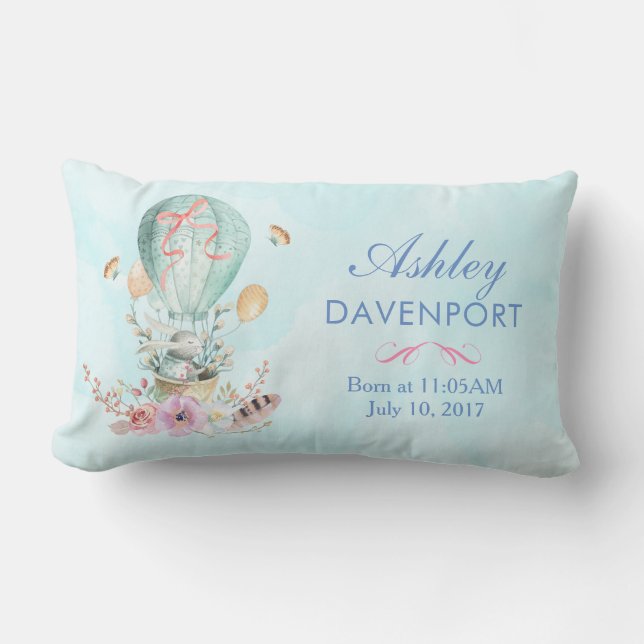 Whimsical Bunny Riding in a Hot Air Balloon Baby Lumbar Pillow (Front)