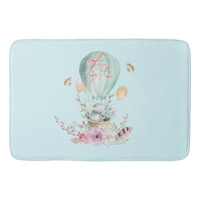 Whimsical Bunny Riding in a Hot Air Balloon Bathroom Mat (Front)