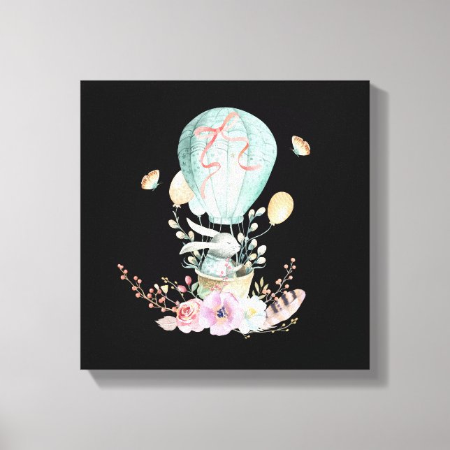 Whimsical Bunny Riding in a Hot Air Balloon Canvas Print (Front)