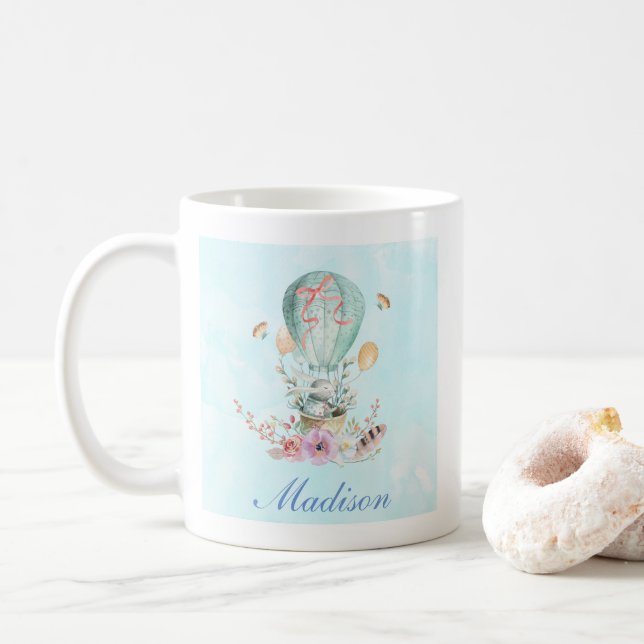Whimsical Bunny Riding in a Hot Air Balloon Coffee Mug (With Donut)