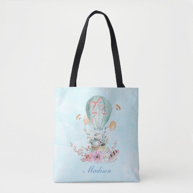 Whimsical Bunny Riding in a Hot Air Balloon Custom Tote Bag (Front)