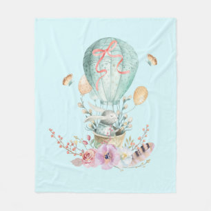 Whimsical Bunny Riding in a Hot Air Balloon Fleece Blanket