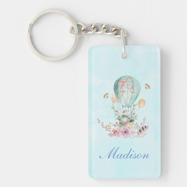 Whimsical Bunny Riding in a Hot Air Balloon Keychain (Front)