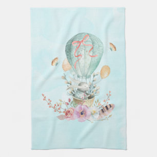 Whimsical Bunny Riding in a Hot Air Balloon Kitchen Towel